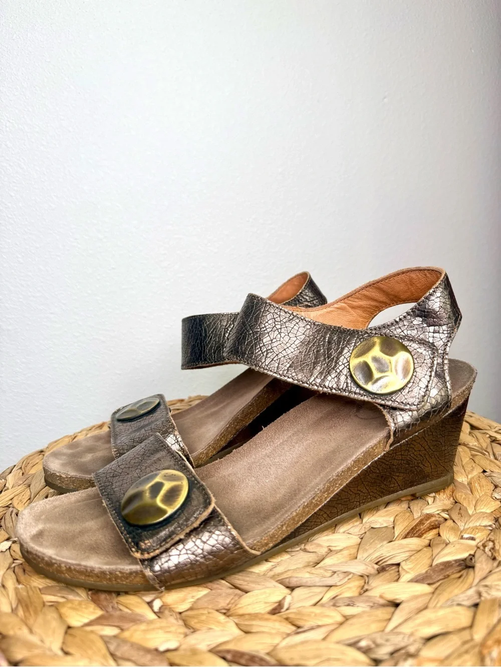 Taos Carousel 2 Sandal Metallic Bronze Leather Wedge Sandals Button Comfort